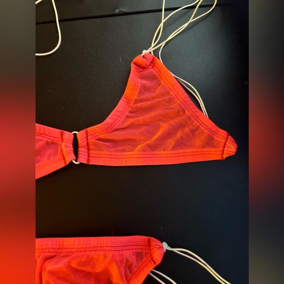 NWOT Sexy Skimpy Neon Orange Mesh Bandeau Triangle Top Thong Bottom Bikini - Picture 3 of 5